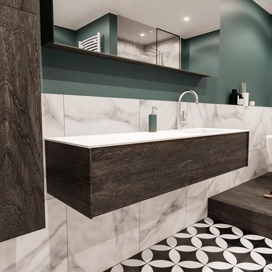 Zaro Lush onderkast 150cm in kleur DARK BROWN met 1 lade Push tot open geschikt voor rechtse wastafel. Compleet met solid surface wastafel cloud M35218met 1 kraangat(en) - Foto 4