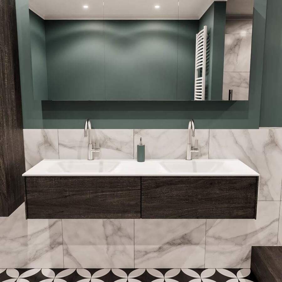 Zaro Lush onderkast 150cm in kleur DARK BROWN met 2 lades Push tot open geschikt voor dubbele wastafel. Compleet met solid surface wastafel cloud M35219met 2 kraangat(en) - Foto 2