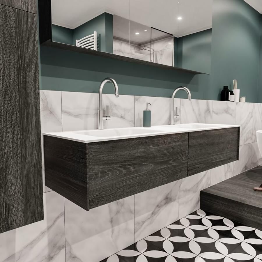 Zaro Lush onderkast 150cm in kleur ANTRACITE met 2 lades Push tot open geschikt voor dubbele wastafel. Compleet met solid surface wastafel cloud M35219met 2 kraangat(en) - Foto 3