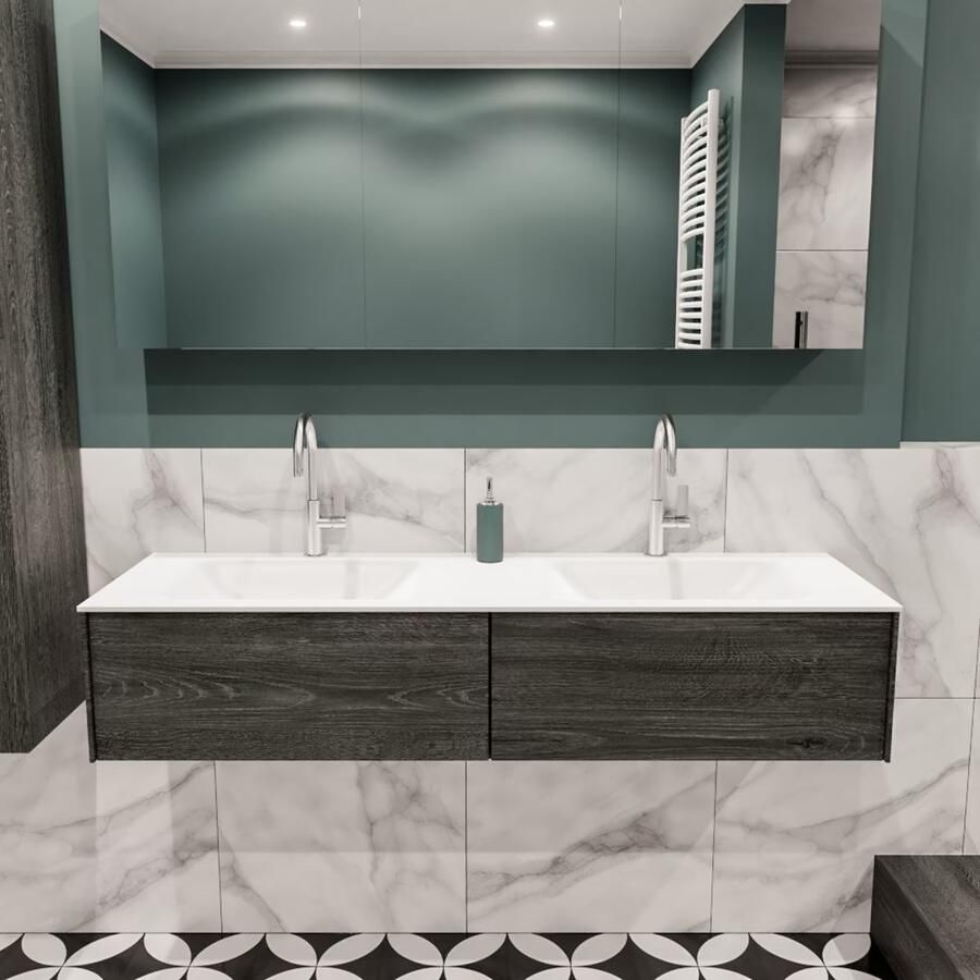Zaro Lush onderkast 150cm in kleur ANTRACITE met 2 lades Push tot open geschikt voor dubbele wastafel. Compleet met solid surface wastafel cloud M35219met 2 kraangat(en)