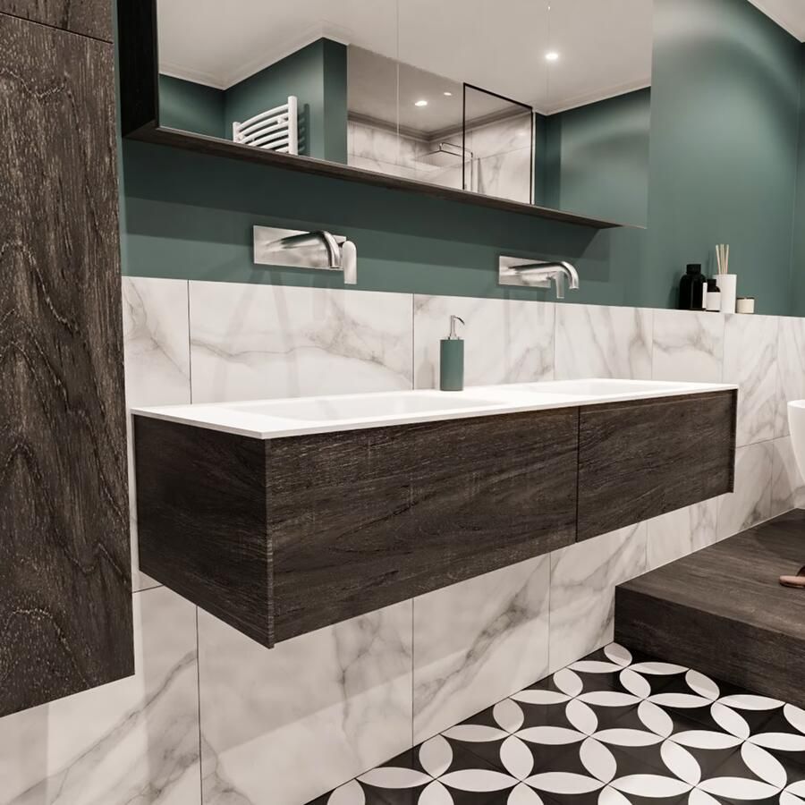 Zaro Lush onderkast 150cm in kleur DARK BROWN met 2 lades Push tot open geschikt voor dubbele wastafel. Compleet met solid surface wastafel cloud M35219met 0 kraangat(en) - Foto 4