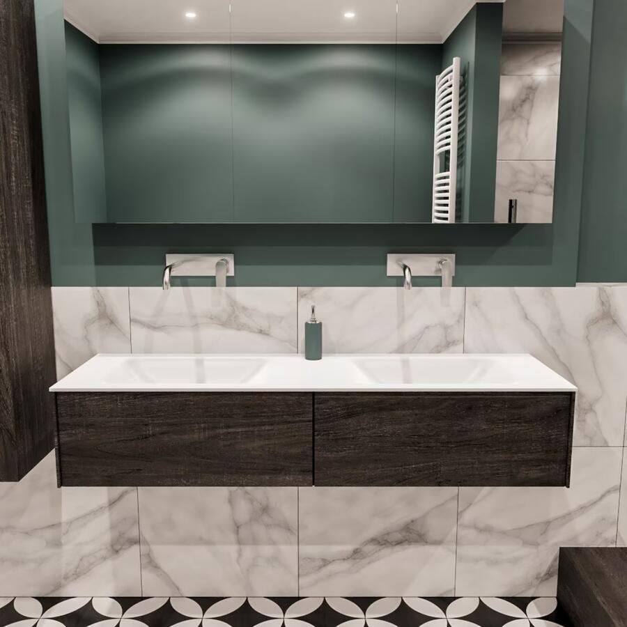 Zaro Lush onderkast 150cm in kleur DARK BROWN met 2 lades Push tot open geschikt voor dubbele wastafel. Compleet met solid surface wastafel cloud M35219met 0 kraangat(en) - Foto 2