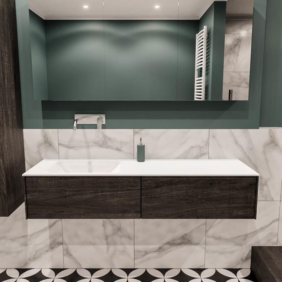 Zaro Lush onderkast 150cm in kleur DARK BROWN met 2 lades Push tot open geschikt voor linkse wastafel. Compleet met solid surface wastafel cloud M35217met 0 kraangat(en) - Foto 2