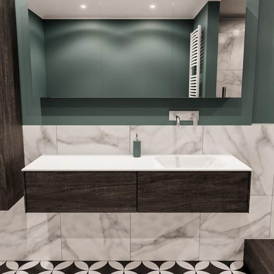 Zaro Lush onderkast 150cm in kleur DARK BROWN met 2 lades Push tot open geschikt voor rechtse wastafel. Compleet met solid surface wastafel cloud M35218met 0 kraangat(en) - Foto 2