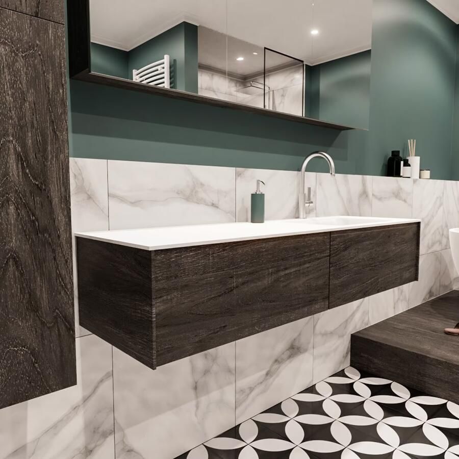 Zaro Lush onderkast 150cm in kleur DARK BROWN met 2 lades Push tot open geschikt voor rechtse wastafel. Compleet met solid surface wastafel cloud M35218met 1 kraangat(en) - Foto 4