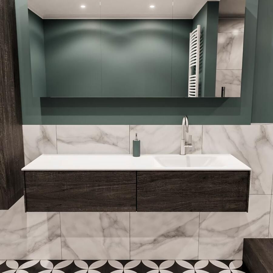 Zaro Lush onderkast 150cm in kleur DARK BROWN met 2 lades Push tot open geschikt voor rechtse wastafel. Compleet met solid surface wastafel cloud M35218met 1 kraangat(en) - Foto 2