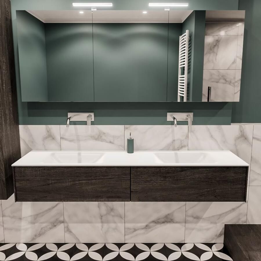 Zaro Lush onderkast 180cm in kleur DARK BROWN met 2 lades Push tot open geschikt voor dubbele wastafel. Compleet met solid surface wastafel cloud M63023met 0 kraangat(en) - Foto 2