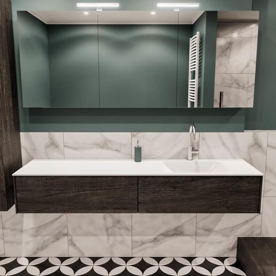 Zaro Lush onderkast 180cm in kleur DARK BROWN met 2 lades Push tot open geschikt voor rechtse wastafel. Compleet met solid surface wastafel cloud M63022met 1 kraangat(en) - Foto 2