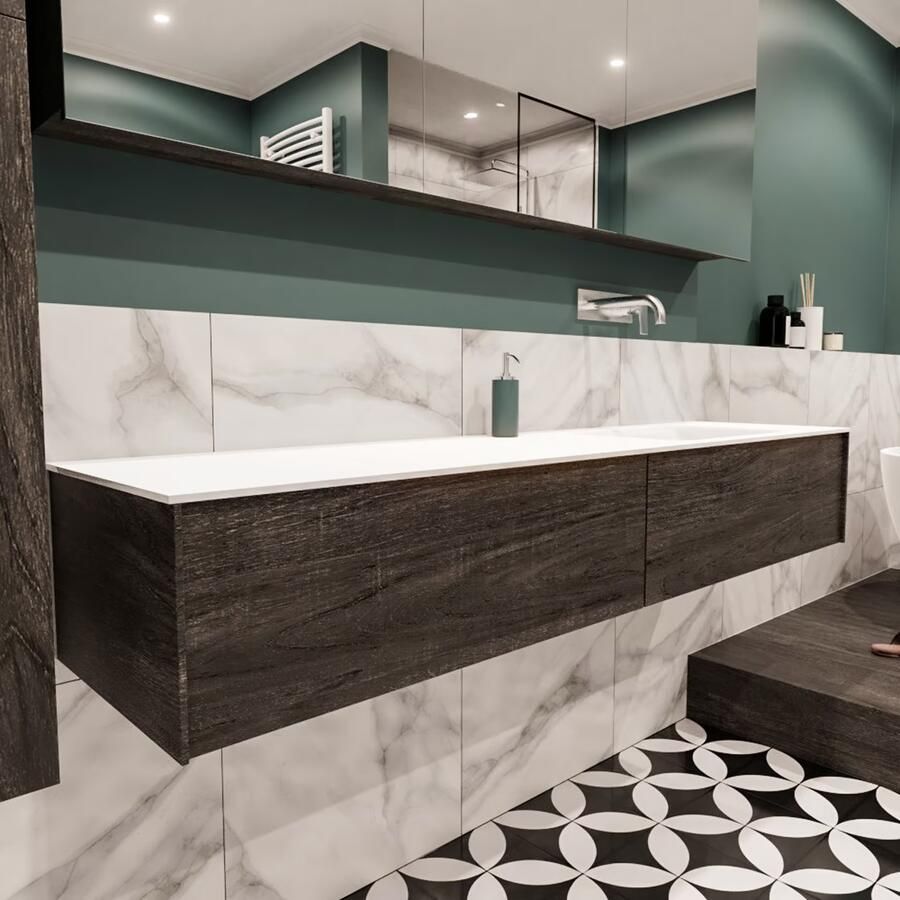 Zaro Lush onderkast 180cm in kleur DARK BROWN met 2 lades Push tot open geschikt voor rechtse wastafel. Compleet met solid surface wastafel cloud M63022met 0 kraangat(en) - Foto 4