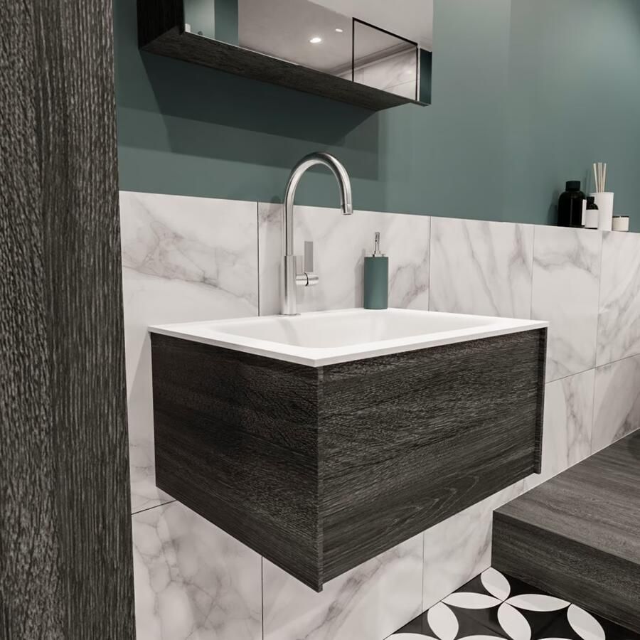 Zaro Lush onderkast 60cm in kleur ANTRACITE met 1 lade Push tot open geschikt voor gecentreerde wastafel. Compleet met solid surface wastafel cloud M35111met 1 kraangat(en) - Foto 4