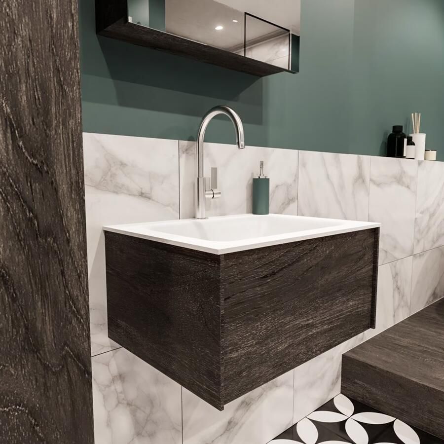 Zaro Lush onderkast 60cm in kleur DARK BROWN met 1 lade Push tot open geschikt voor gecentreerde wastafel. Compleet met solid surface wastafel cloud M35111met 1 kraangat(en) - Foto 3