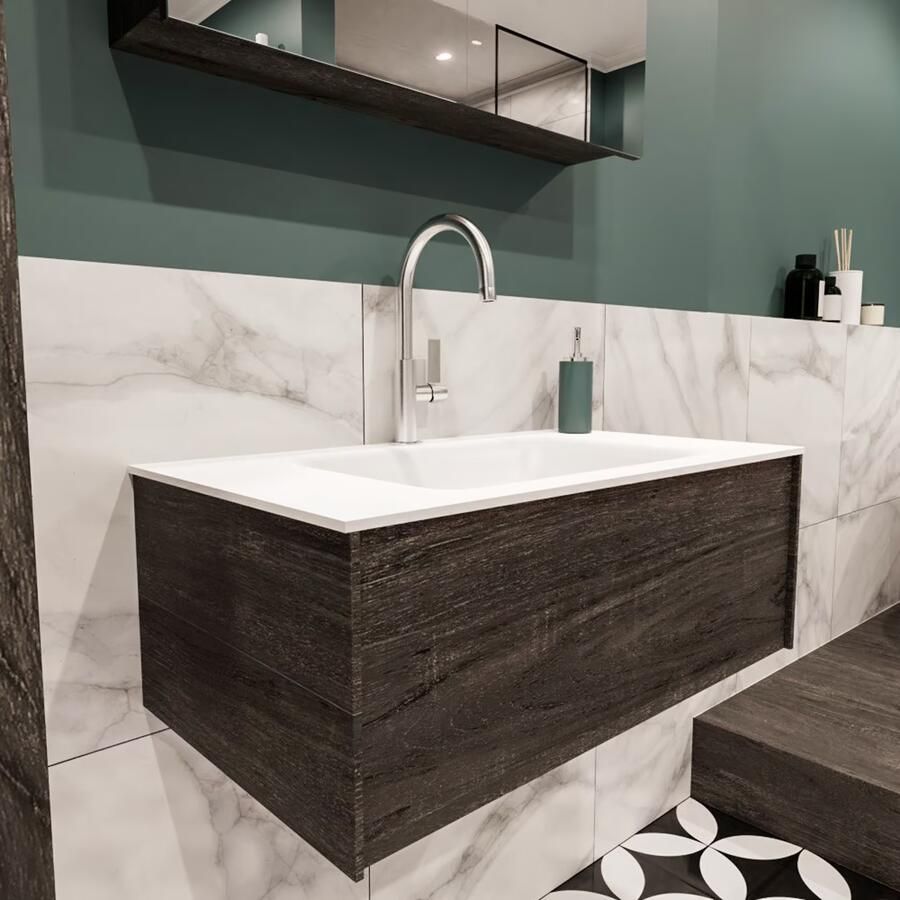 Zaro Lush onderkast 80cm in kleur DARK BROWN met 1 lade Push tot open geschikt voor gecentreerde wastafel. Compleet met solid surface wastafel cloud M35117met 1 kraangat(en) - Foto 4