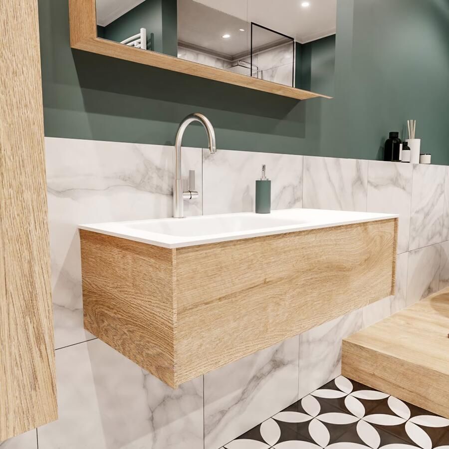 Zaro Lush onderkast 100cm in kleur WASHED OAK met 1 lade Push tot open geschikt voor linkse wastafel. Compleet met solid surface wastafel cloud M35133met 1 kraangat(en) - Foto 4