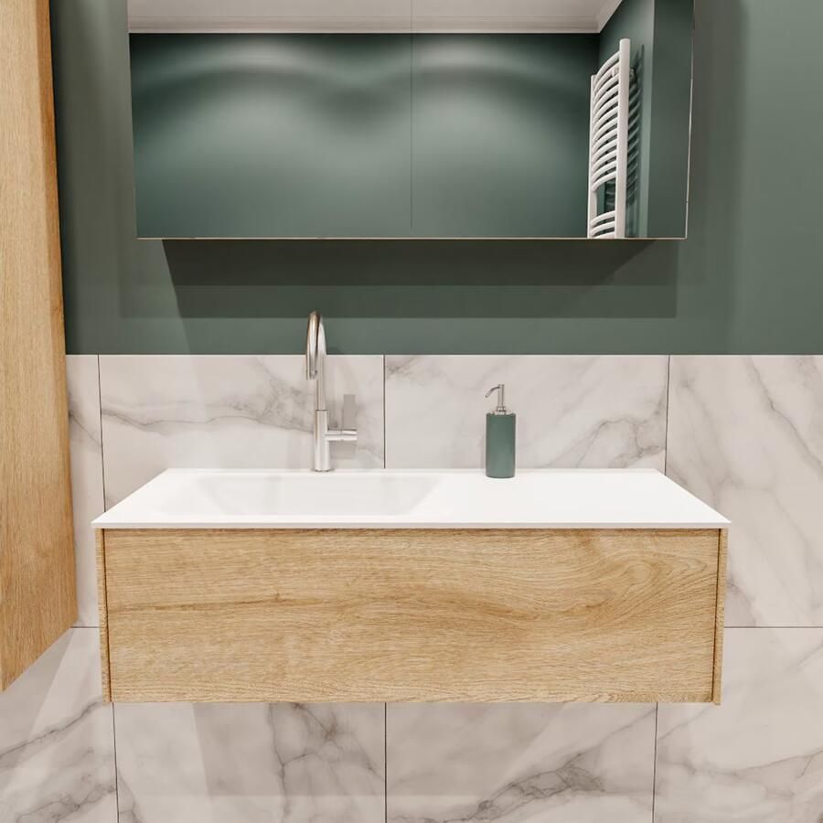 Zaro Lush onderkast 100cm in kleur WASHED OAK met 1 lade Push tot open geschikt voor linkse wastafel. Compleet met solid surface wastafel cloud M35133met 1 kraangat(en) - Foto 2