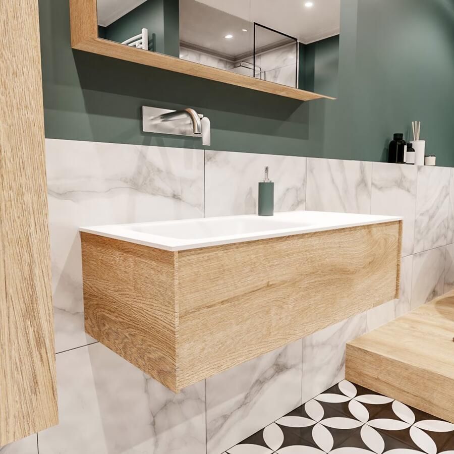 Zaro Lush onderkast 100cm in kleur WASHED OAK met 1 lade Push tot open geschikt voor linkse wastafel. Compleet met solid surface wastafel cloud M35133met 0 kraangat(en) - Foto 4