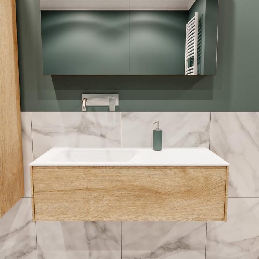 Zaro Lush onderkast 100cm in kleur WASHED OAK met 1 lade Push tot open geschikt voor linkse wastafel. Compleet met solid surface wastafel cloud M35133met 0 kraangat(en) - Foto 2