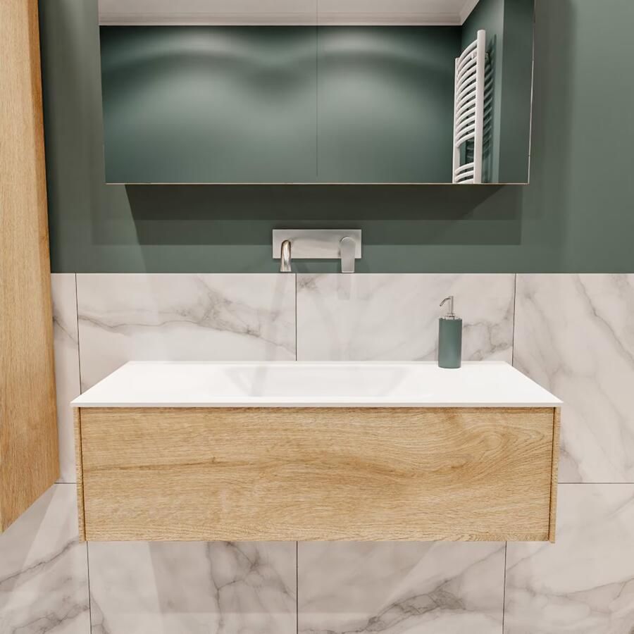 Zaro Lush onderkast 100cm in kleur WASHED OAK met 1 lade Push tot open geschikt voor gecentreerde wastafel. Compleet met solid surface wastafel cloud M35132met 0 kraangat(en)