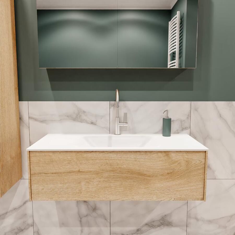 Zaro Lush onderkast 100cm in kleur WASHED OAK met 1 lade Push tot open geschikt voor gecentreerde wastafel. Compleet met solid surface wastafel cloud M35132met 1 kraangat(en) - Foto 2