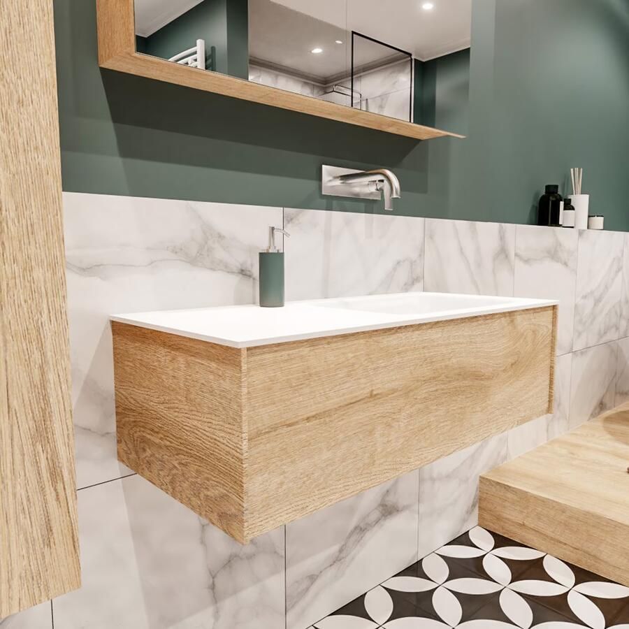 Zaro Lush onderkast 100cm in kleur WASHED OAK met 1 lade Push tot open geschikt voor rechtse wastafel. Compleet met solid surface wastafel cloud M35134met 0 kraangat(en) - Foto 2