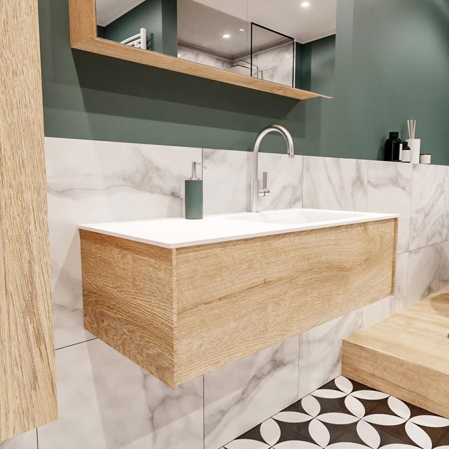 Zaro Lush onderkast 100cm in kleur WASHED OAK met 1 lade Push tot open geschikt voor rechtse wastafel. Compleet met solid surface wastafel cloud M35134met 1 kraangat(en) - Foto 4