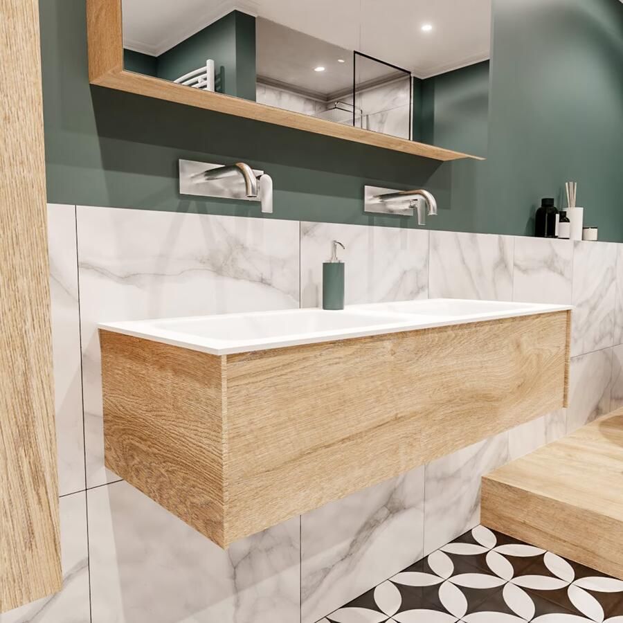 Zaro Lush onderkast 120cm in kleur WASHED OAK met 1 lade Push tot open geschikt voor dubbele wastafel. Compleet met solid surface wastafel cloud M35165met 0 kraangat(en) - Foto 4