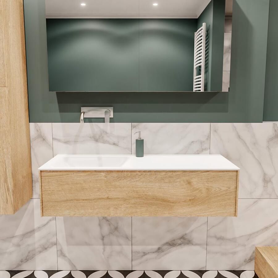 Zaro Lush onderkast 120cm in kleur WASHED OAK met 1 lade Push tot open geschikt voor linkse wastafel. Compleet met solid surface wastafel cloud M35163met 0 kraangat(en) - Foto 2