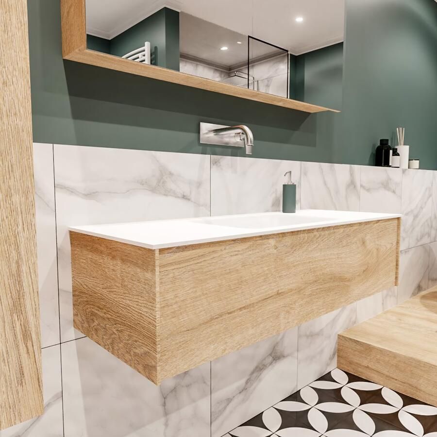 Zaro Lush onderkast 120cm in kleur WASHED OAK met 1 lade Push tot open geschikt voor gecentreerde wastafel. Compleet met solid surface wastafel cloud M35162met 0 kraangat(en) - Foto 4