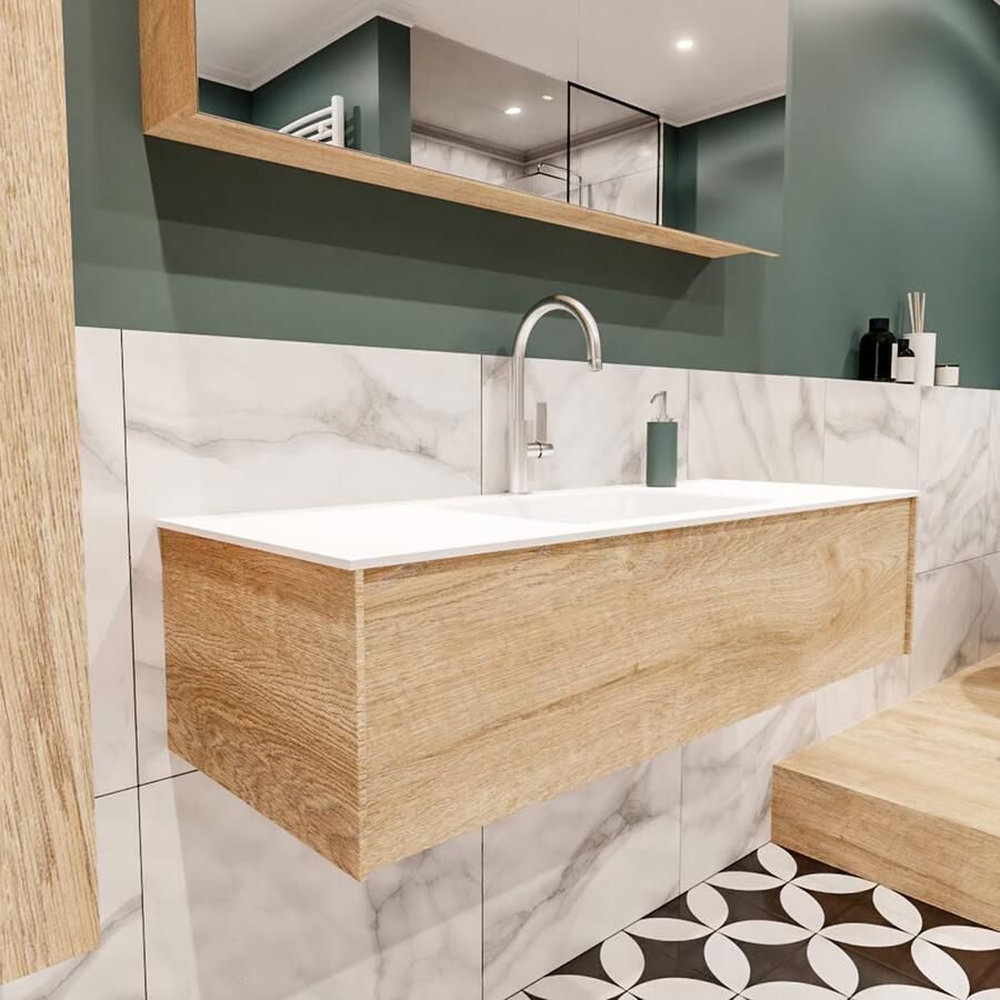 Zaro Lush onderkast 120cm in kleur WASHED OAK met 1 lade Push tot open geschikt voor gecentreerde wastafel. Compleet met solid surface wastafel cloud M35162met 1 kraangat(en) - Foto 4