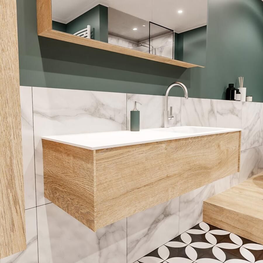Zaro Lush onderkast 120cm in kleur WASHED OAK met 1 lade Push tot open geschikt voor rechtse wastafel. Compleet met solid surface wastafel cloud M35164met 1 kraangat(en) - Foto 4