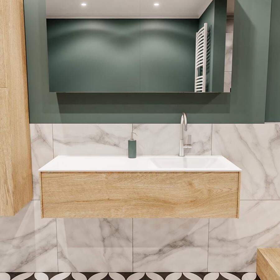 Zaro Lush onderkast 120cm in kleur WASHED OAK met 1 lade Push tot open geschikt voor rechtse wastafel. Compleet met solid surface wastafel cloud M35164met 1 kraangat(en) - Foto 2