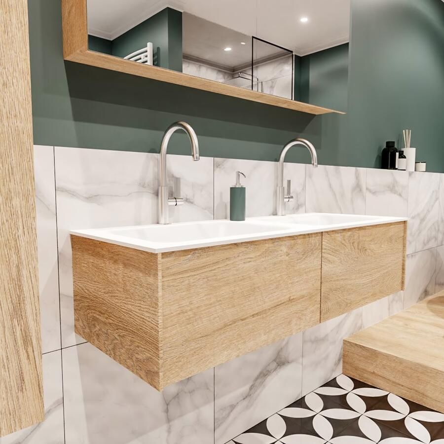 Zaro Lush onderkast 120cm in kleur WASHED OAK met 2 lades Push tot open geschikt voor dubbele wastafel. Compleet met solid surface wastafel cloud M35165met 2 kraangat(en) - Foto 4