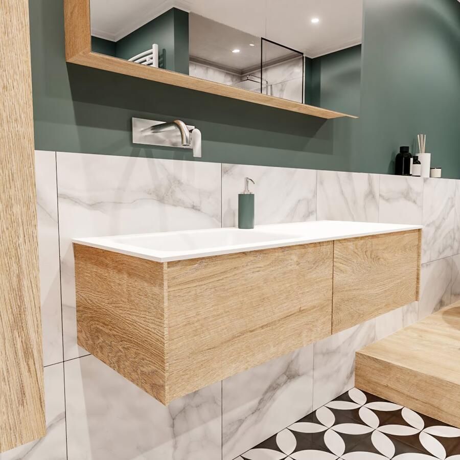 Zaro Lush onderkast 120cm in kleur WASHED OAK met 2 lades Push tot open geschikt voor linkse wastafel. Compleet met solid surface wastafel cloud M35163met 0 kraangat(en) - Foto 4