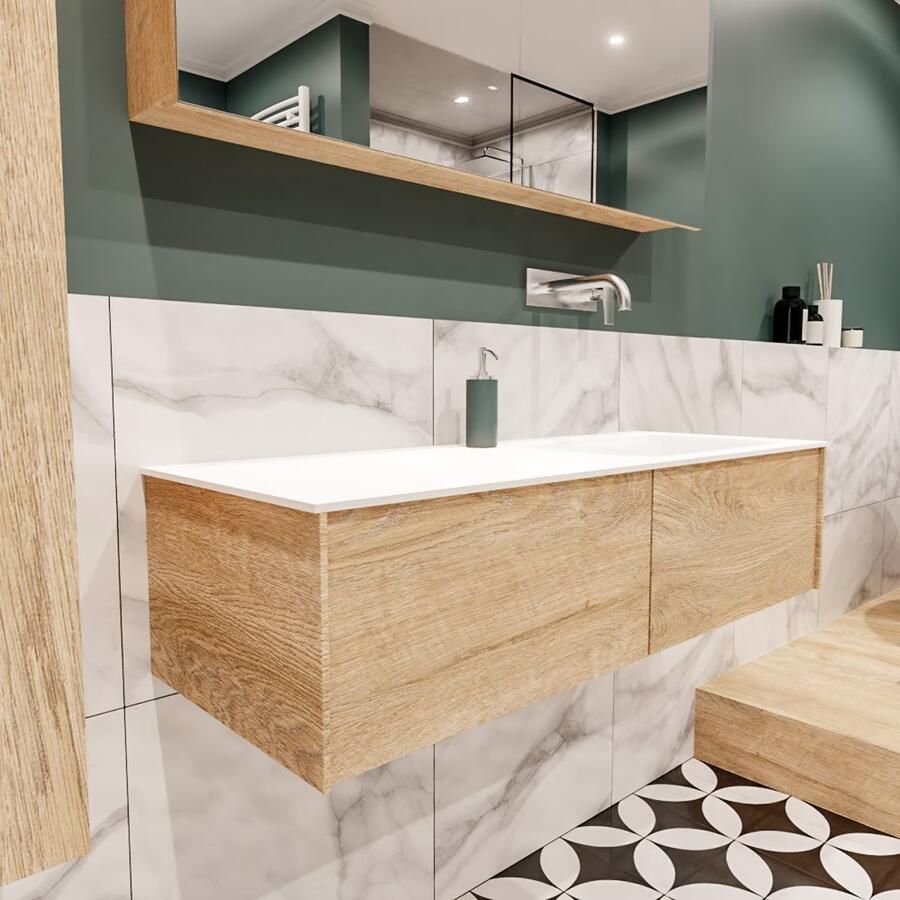 Zaro Lush onderkast 120cm in kleur WASHED OAK met 2 lades Push tot open geschikt voor rechtse wastafel. Compleet met solid surface wastafel cloud M35164met 0 kraangat(en) - Foto 4