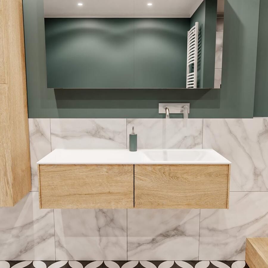 Zaro Lush onderkast 120cm in kleur WASHED OAK met 2 lades Push tot open geschikt voor rechtse wastafel. Compleet met solid surface wastafel cloud M35164met 0 kraangat(en) - Foto 2
