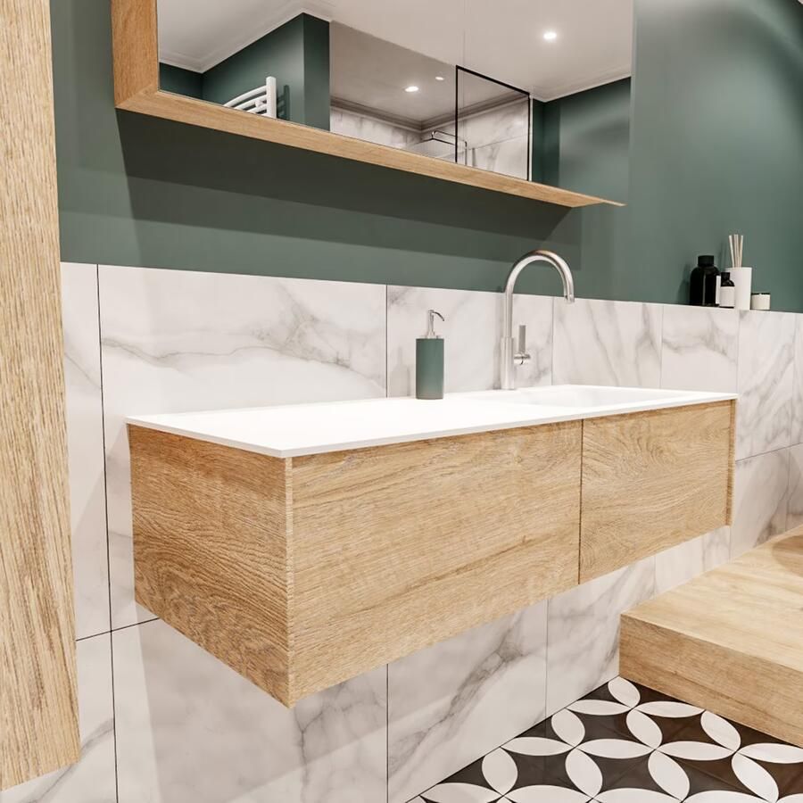 Zaro Lush onderkast 120cm in kleur WASHED OAK met 2 lades Push tot open geschikt voor rechtse wastafel. Compleet met solid surface wastafel cloud M35164met 1 kraangat(en) - Foto 4