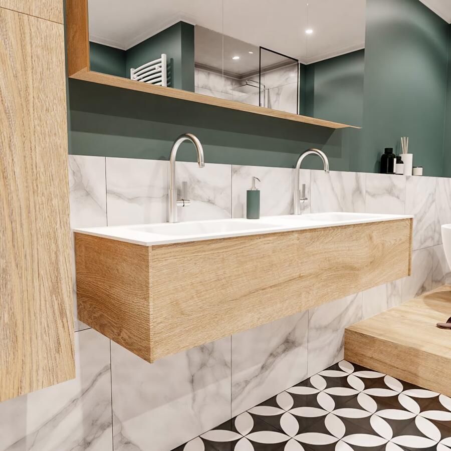 Zaro Lush onderkast 150cm in kleur WASHED OAK met 1 lade Push tot open geschikt voor dubbele wastafel. Compleet met solid surface wastafel cloud M35219met 2 kraangat(en) - Foto 4