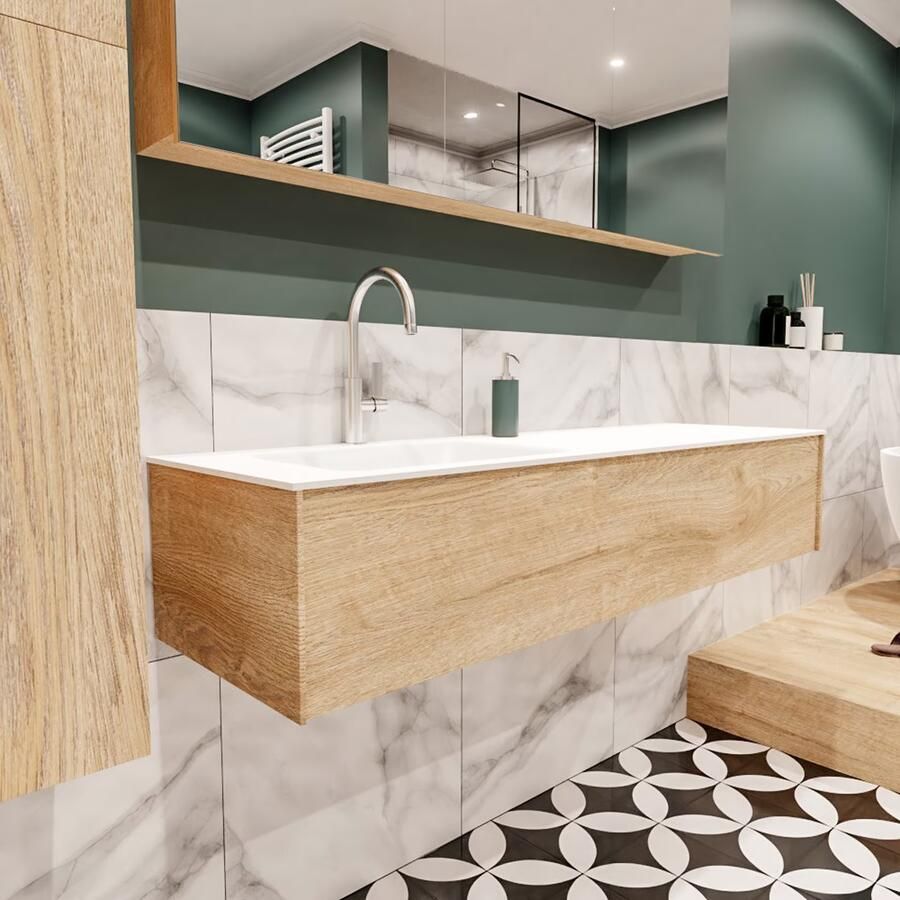 Zaro Lush onderkast 150cm in kleur WASHED OAK met 1 lade Push tot open geschikt voor linkse wastafel. Compleet met solid surface wastafel cloud M35217met 1 kraangat(en) - Foto 4
