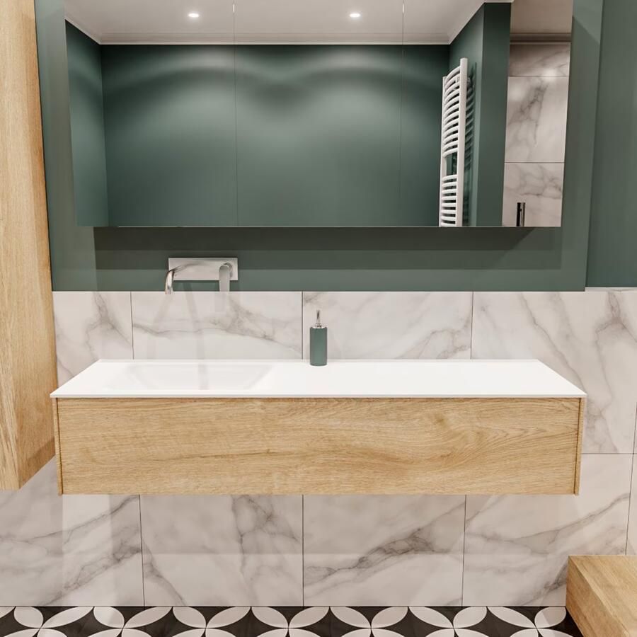 Zaro Lush onderkast 150cm in kleur WASHED OAK met 1 lade Push tot open geschikt voor linkse wastafel. Compleet met solid surface wastafel cloud M35217met 0 kraangat(en)