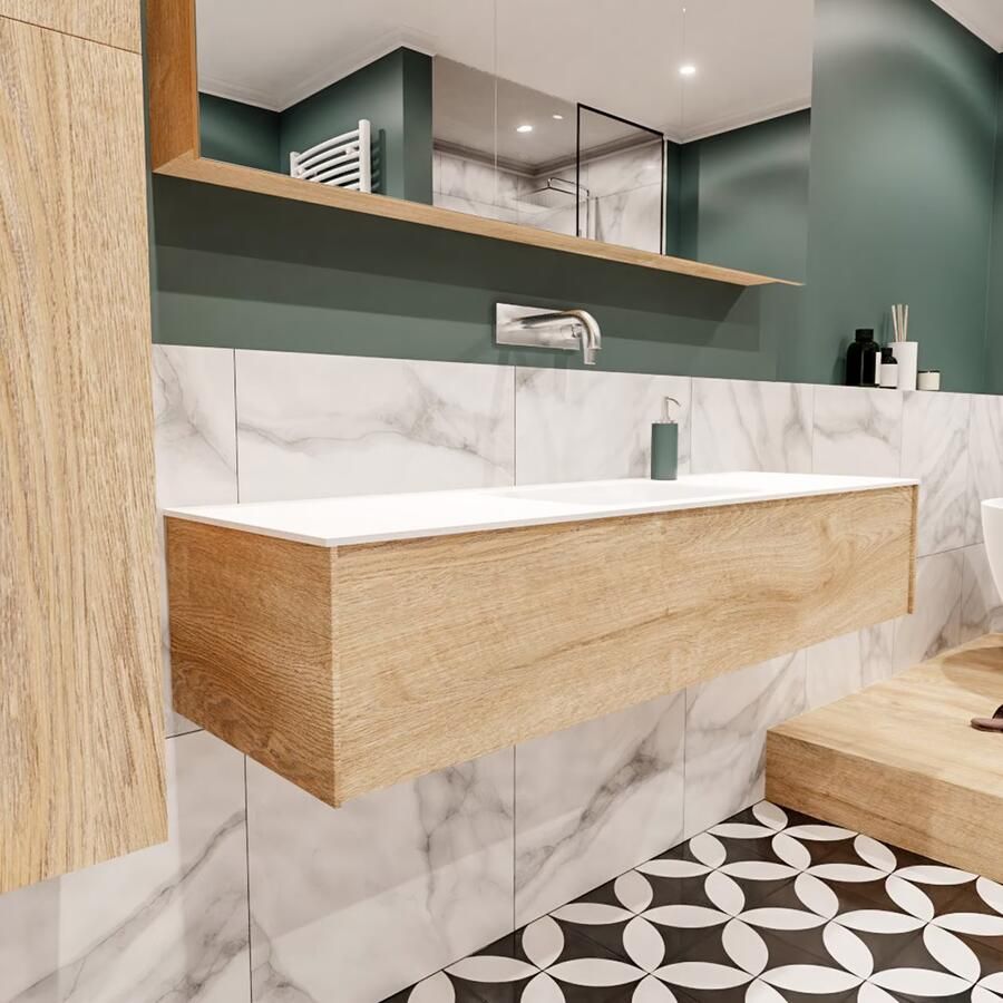 Zaro Lush onderkast 150cm in kleur WASHED OAK met 1 lade Push tot open geschikt voor gecentreerde wastafel. Compleet met solid surface wastafel cloud M35216met 0 kraangat(en) - Foto 4
