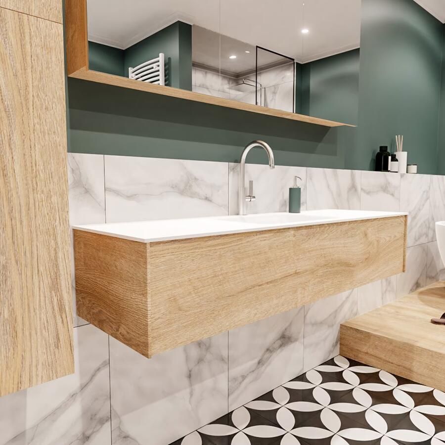 Zaro Lush onderkast 150cm in kleur WASHED OAK met 1 lade Push tot open geschikt voor gecentreerde wastafel. Compleet met solid surface wastafel cloud M35216met 1 kraangat(en) - Foto 3