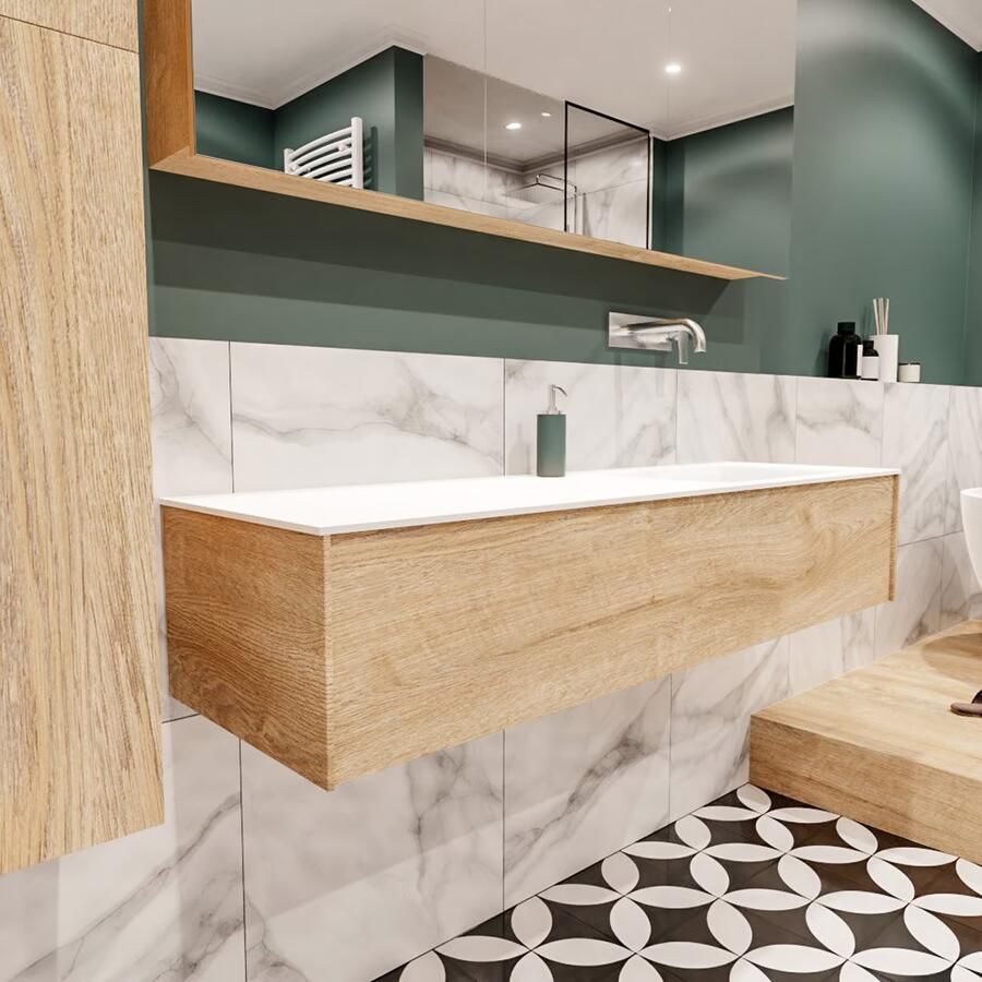 Zaro Lush onderkast 150cm in kleur WASHED OAK met 1 lade Push tot open geschikt voor rechtse wastafel. Compleet met solid surface wastafel cloud M35218met 0 kraangat(en) - Foto 4