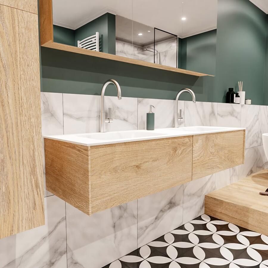 Zaro Lush onderkast 150cm in kleur WASHED OAK met 2 lades Push tot open geschikt voor dubbele wastafel. Compleet met solid surface wastafel cloud M35219met 2 kraangat(en) - Foto 4