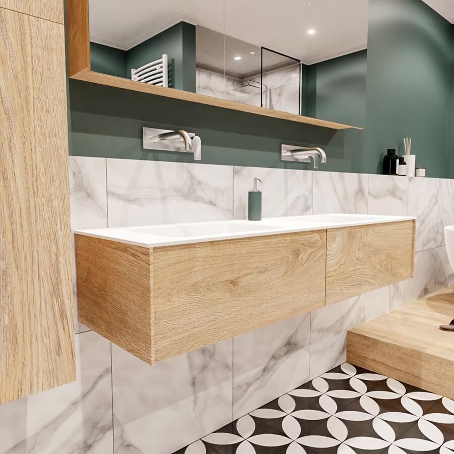 Zaro Lush onderkast 150cm in kleur WASHED OAK met 2 lades Push tot open geschikt voor dubbele wastafel. Compleet met solid surface wastafel cloud M35219met 0 kraangat(en) - Foto 3