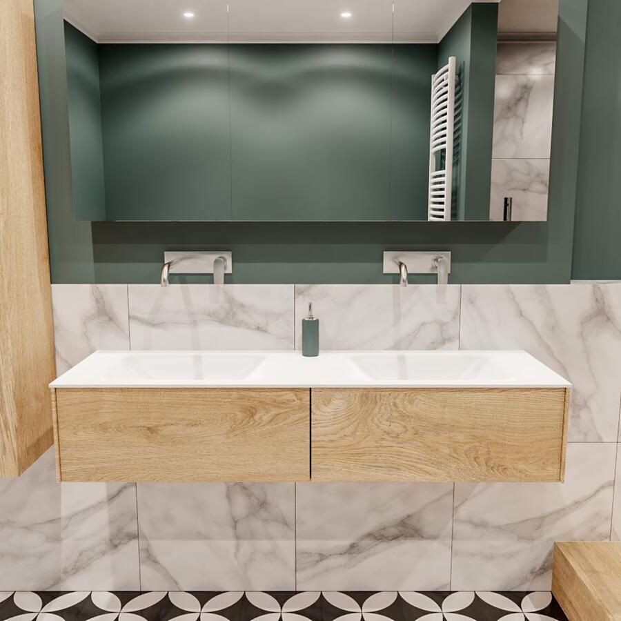 Zaro Lush onderkast 150cm in kleur WASHED OAK met 2 lades Push tot open geschikt voor dubbele wastafel. Compleet met solid surface wastafel cloud M35219met 0 kraangat(en)