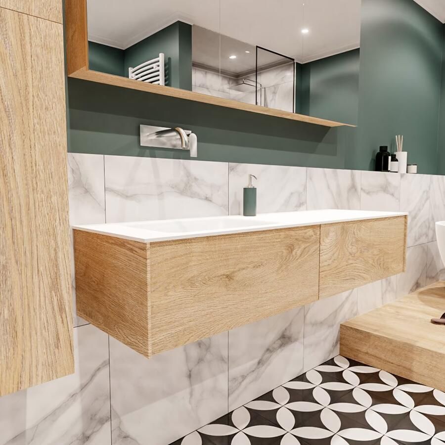 Zaro Lush onderkast 150cm in kleur WASHED OAK met 2 lades Push tot open geschikt voor linkse wastafel. Compleet met solid surface wastafel cloud M35217met 0 kraangat(en) - Foto 4