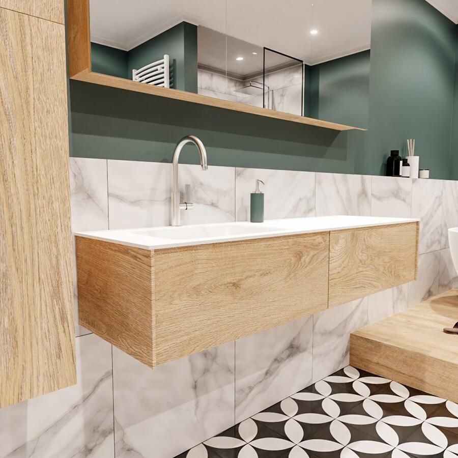 Zaro Lush onderkast 150cm in kleur WASHED OAK met 2 lades Push tot open geschikt voor linkse wastafel. Compleet met solid surface wastafel cloud M35217met 1 kraangat(en) - Foto 2