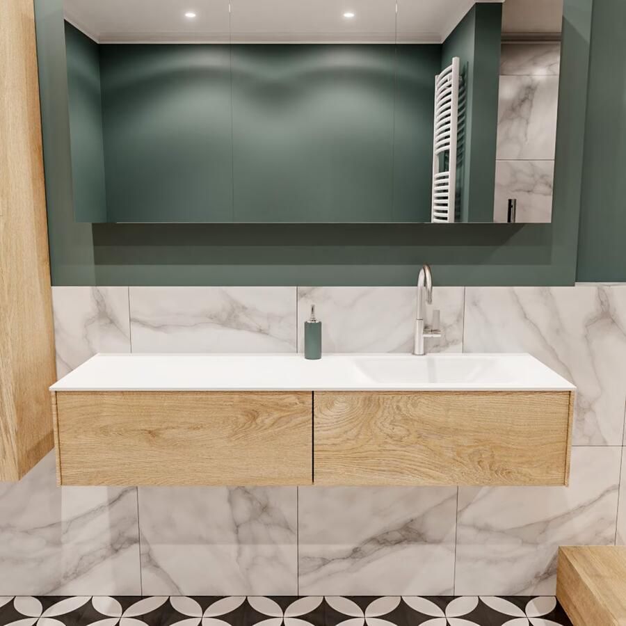 Zaro Lush onderkast 150cm in kleur WASHED OAK met 2 lades Push tot open geschikt voor rechtse wastafel. Compleet met solid surface wastafel cloud M35218met 1 kraangat(en)