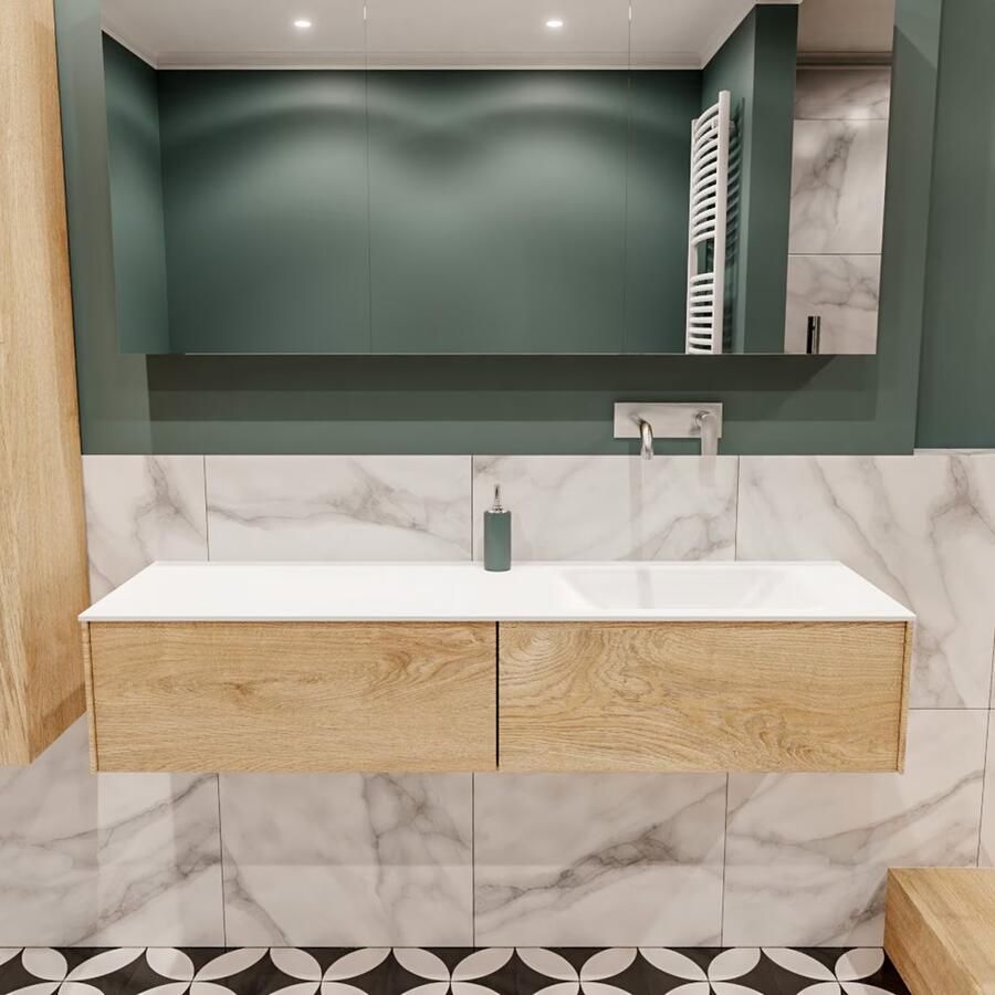 Zaro Lush onderkast 150cm in kleur WASHED OAK met 2 lades Push tot open geschikt voor rechtse wastafel. Compleet met solid surface wastafel cloud M35218met 0 kraangat(en) - Foto 2