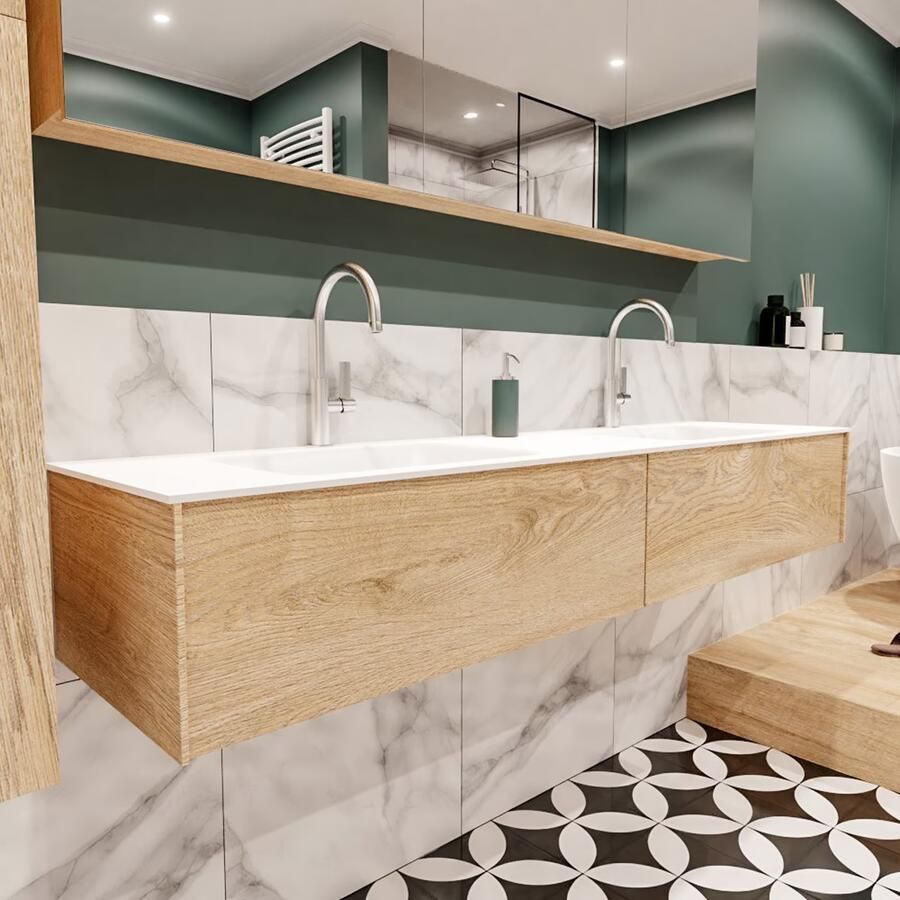 Zaro Lush onderkast 180cm in kleur WASHED OAK met 2 lades Push tot open geschikt voor dubbele wastafel. Compleet met solid surface wastafel cloud M63023met 2 kraangat(en)