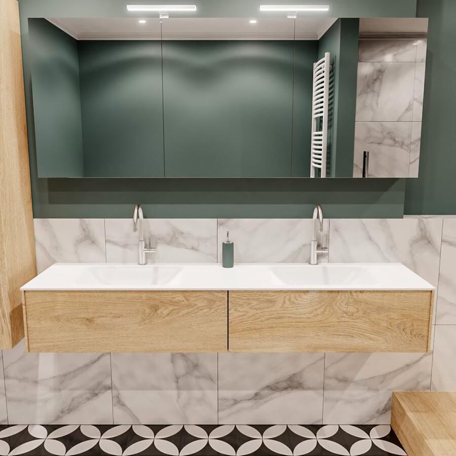 Zaro Lush onderkast 180cm in kleur WASHED OAK met 2 lades Push tot open geschikt voor dubbele wastafel. Compleet met solid surface wastafel cloud M63023met 2 kraangat(en) - Foto 2